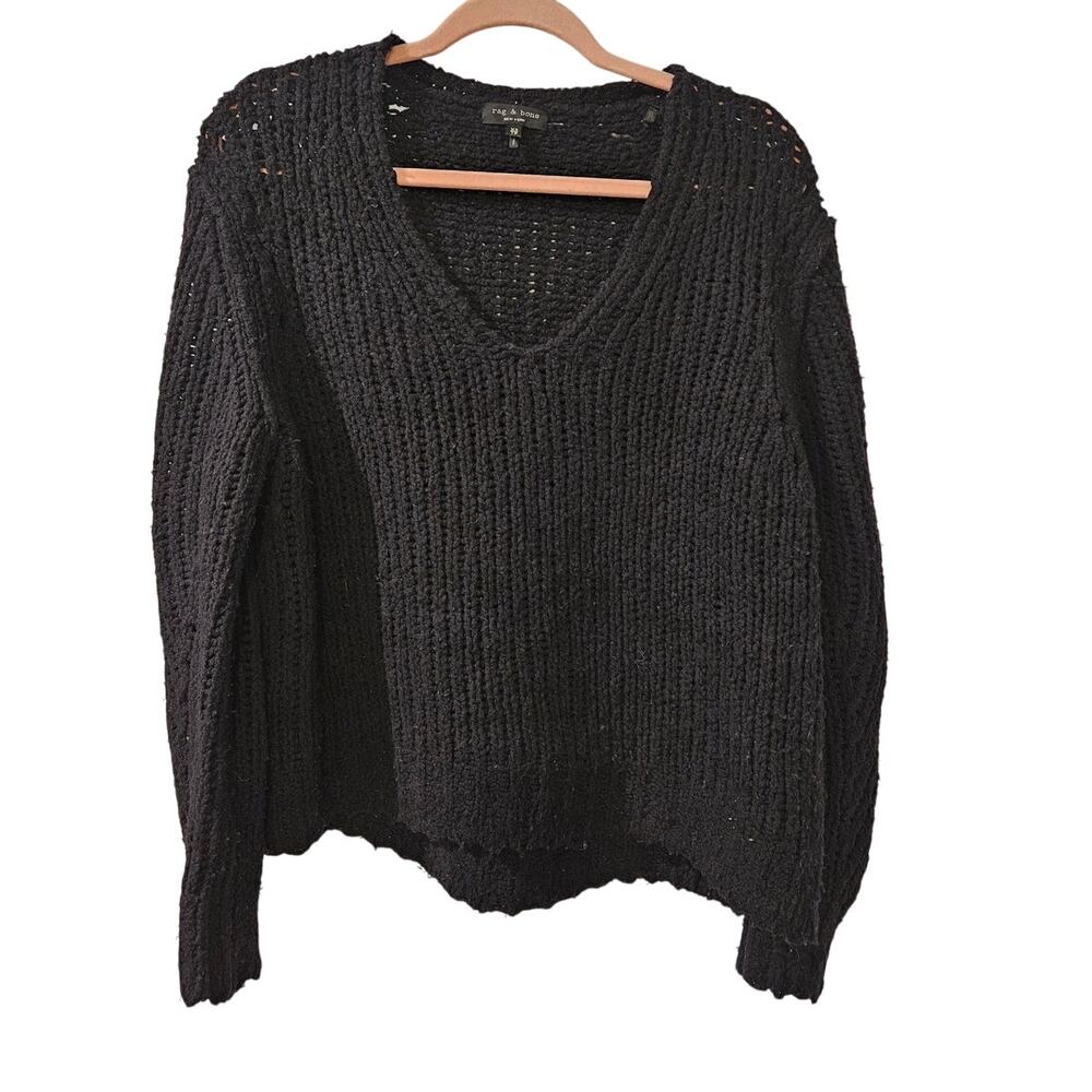 Rag & Bone Open Weave Sweater Black Merino Wool Women’s XS Oversized Chunky Knit